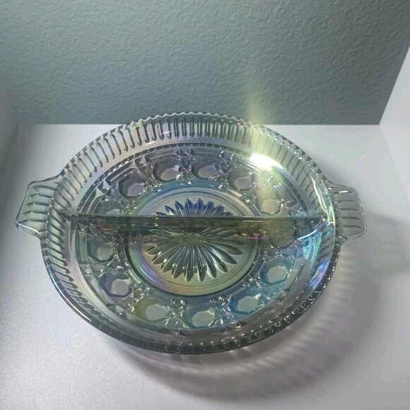 Indiana Glass 8" Round 2 Part Relish Dish Windsor Blue/Gray Carnival Glass - Picture 1 of 10
